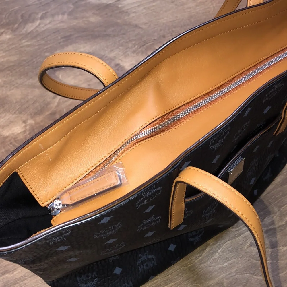 Black Patterned Tote Bag with Tan Handles